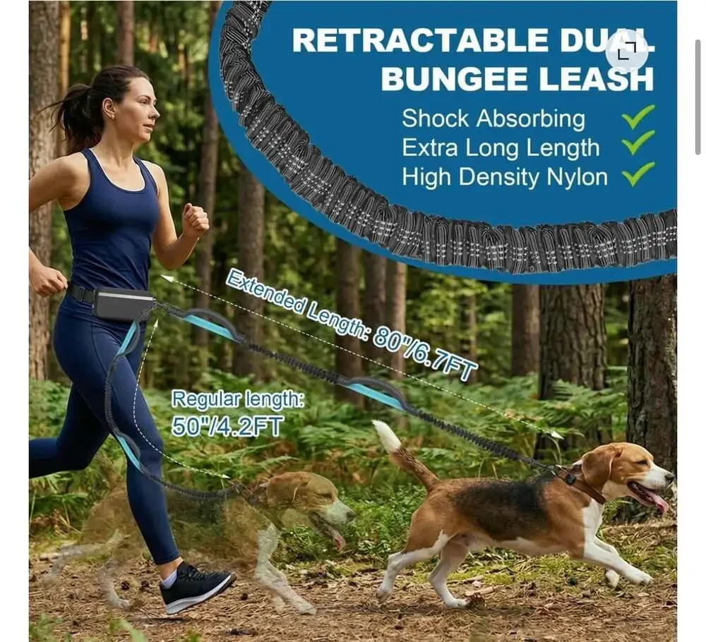 Hands-Free Dog Leash with Waist Pouch and Dual Bungee Handles